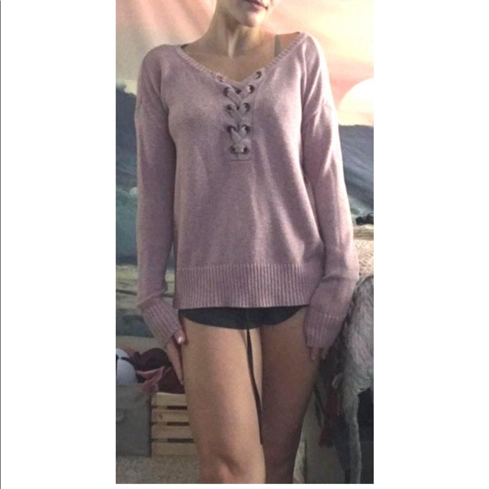 Pink Lace Up Sweater